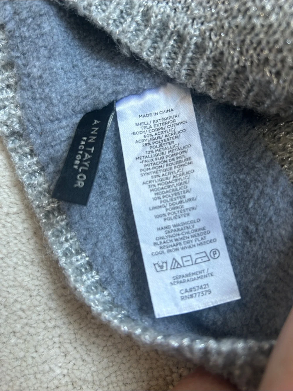 Ann Taylor Factory Silver Gray Knit Scarf and Hat with Pom